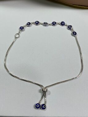 Sterling Silver Evil Eyes 👀 Adjustable Slide Bracelet. 3 to 10 inches long